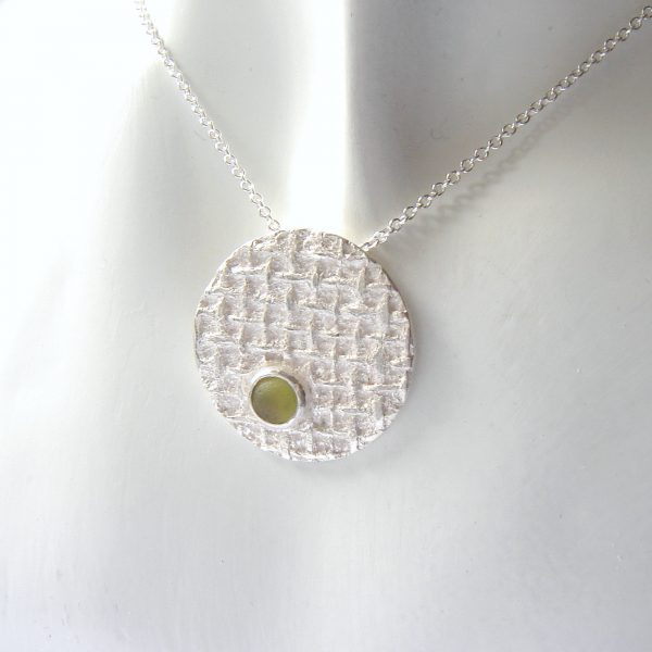 Large Handmade Silver Pendant with Tiny Seaglass Bezel