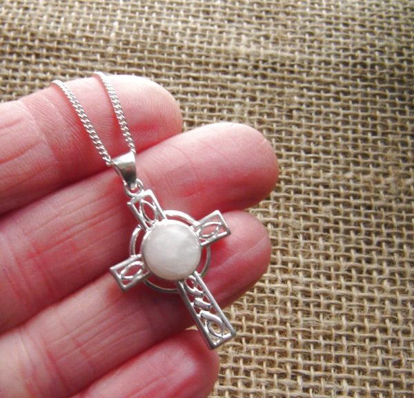 Natural White Quartz Celtic Cross Necklace. Celtic Cross Necklace in White British Quartz which has been hand collected on the Northumbrian coast. The quartz has been hand cut and finished here in the North East of England