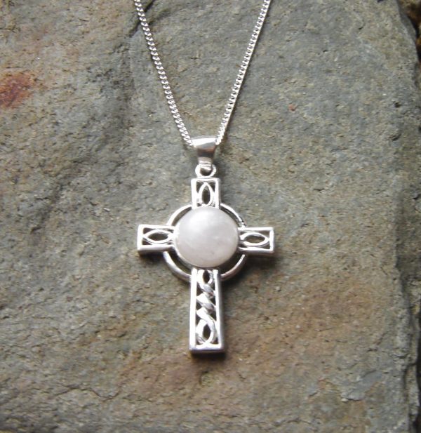 Natural White Quartz Celtic Cross Necklace. Celtic Cross Necklace in White British Quartz which has been hand collected on the Northumbrian coast. The quartz has been hand cut and finished here in the North East of England