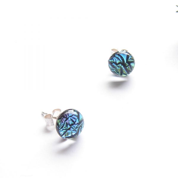 Aqua Crinkled Dichroic Fused Glass Earrings. Dichroic Blue Green Fused Glass Stud Earrings