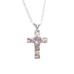 Natural Amethyst Sterling Silver Cross. Textured silver cross necklace set with handcrafted purple amethyst gemstone