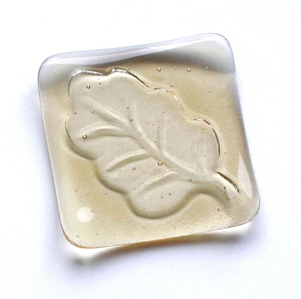 Amber Oak Leaf Glass Ring or Trinket Dish. This small jewellery or trinket bowl is handcrafted in light amber-coloured glass.